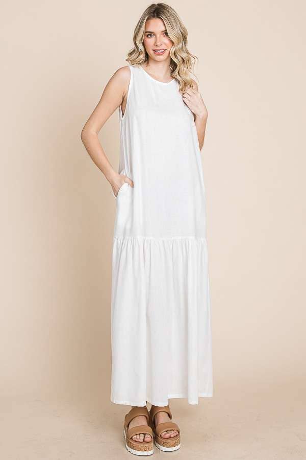 Maxi Mama Tiered Linen Dress with Pockets, Soft White Soft White / Large Maxi Mama Tiered Linen Dress with Pockets, Soft White Soft White / Large