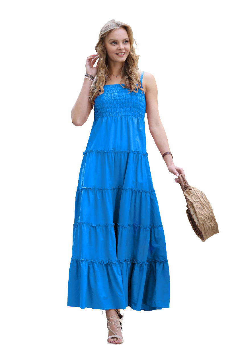 Liv Cotton Smocked Tiered Cami Maternity Maxi Ocean Blue / Large Liv Cotton Smocked Tiered Cami Maternity Maxi Ocean Blue / Large