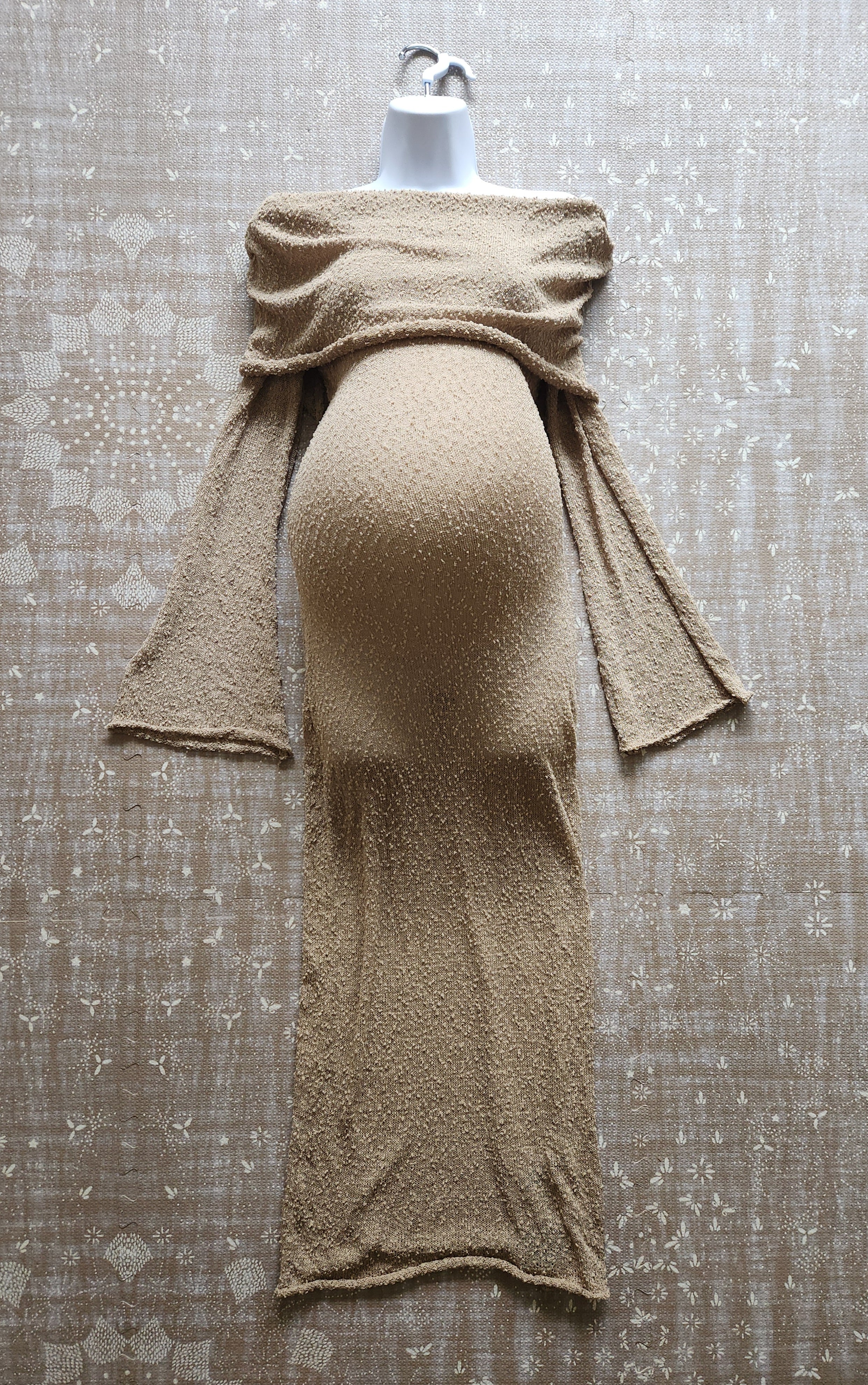 Boucle Knit Semi Sheer Bell Sleeve Maternity Gown Tan / Medium Boucle Knit Semi Sheer Bell Sleeve Maternity Gown Tan / Medium