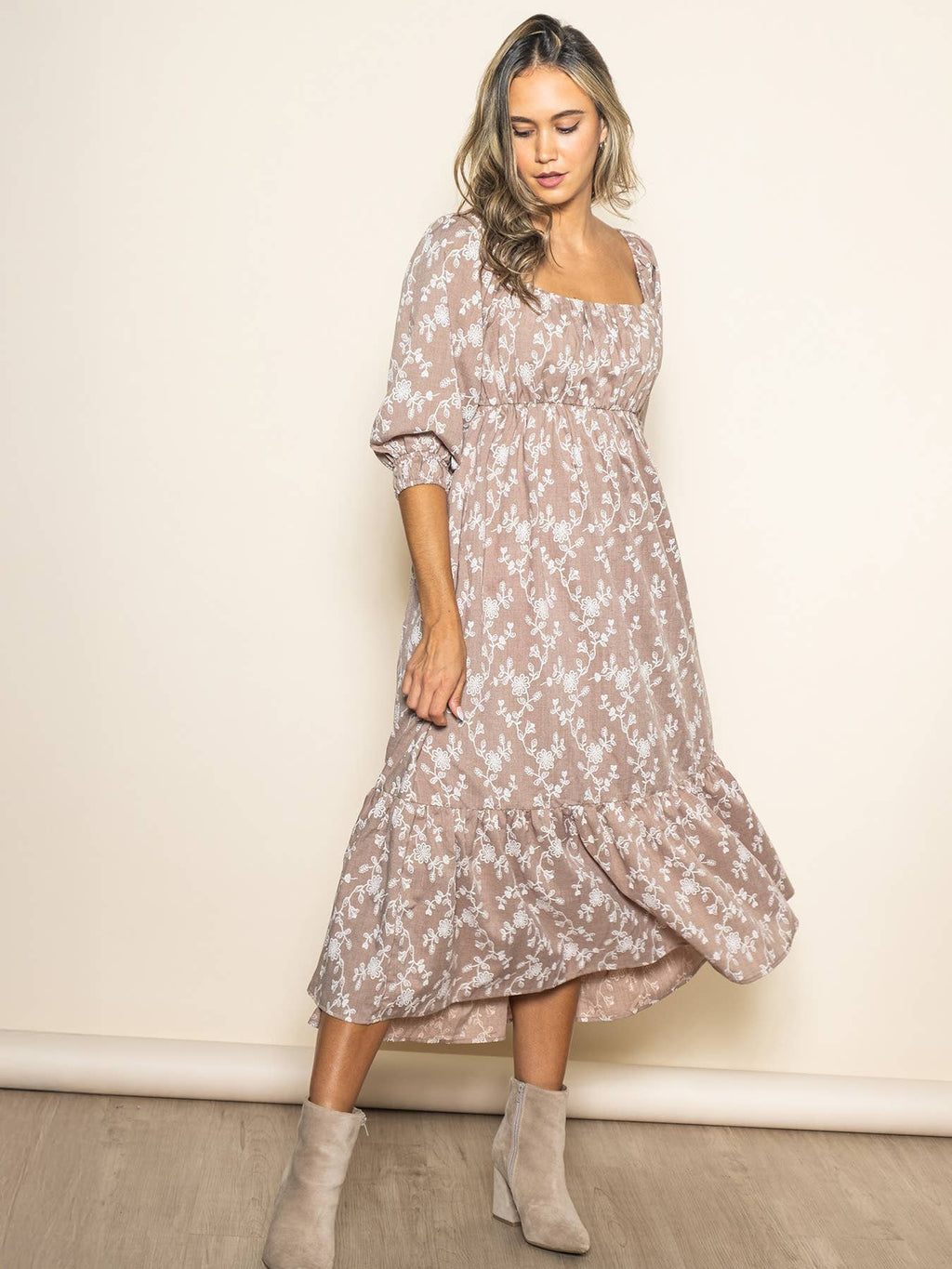 Cotton Ribbon Tie Garden Dress with Pockets, Taupe