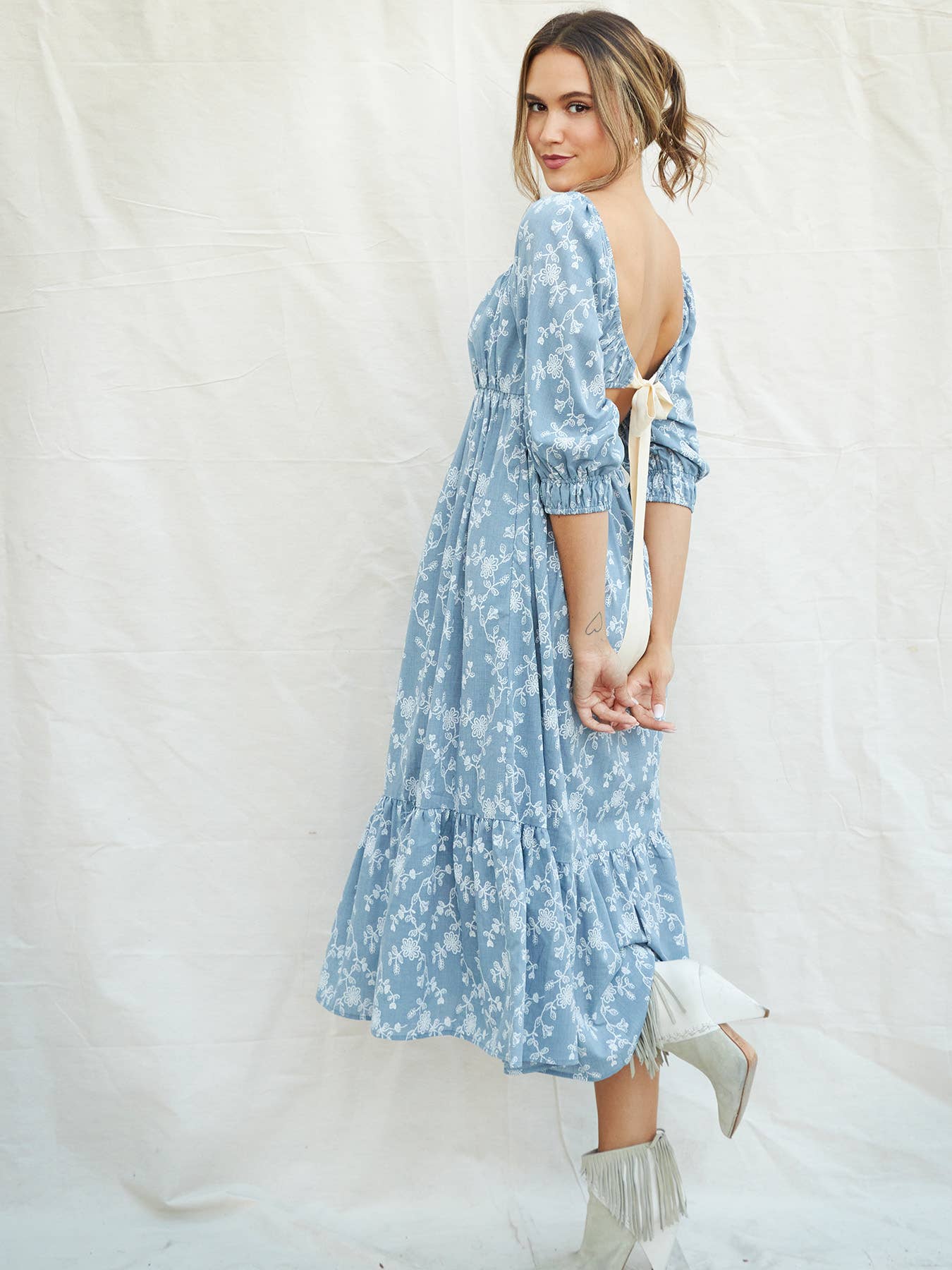 Cotton Ribbon Tie Garden Dress with Pockets, Blue