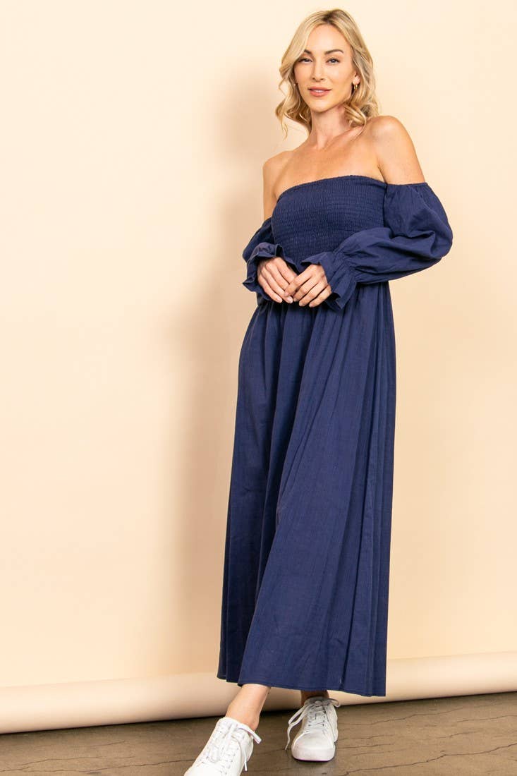 On Off Shoulder Smocked Chest Linen Maxi