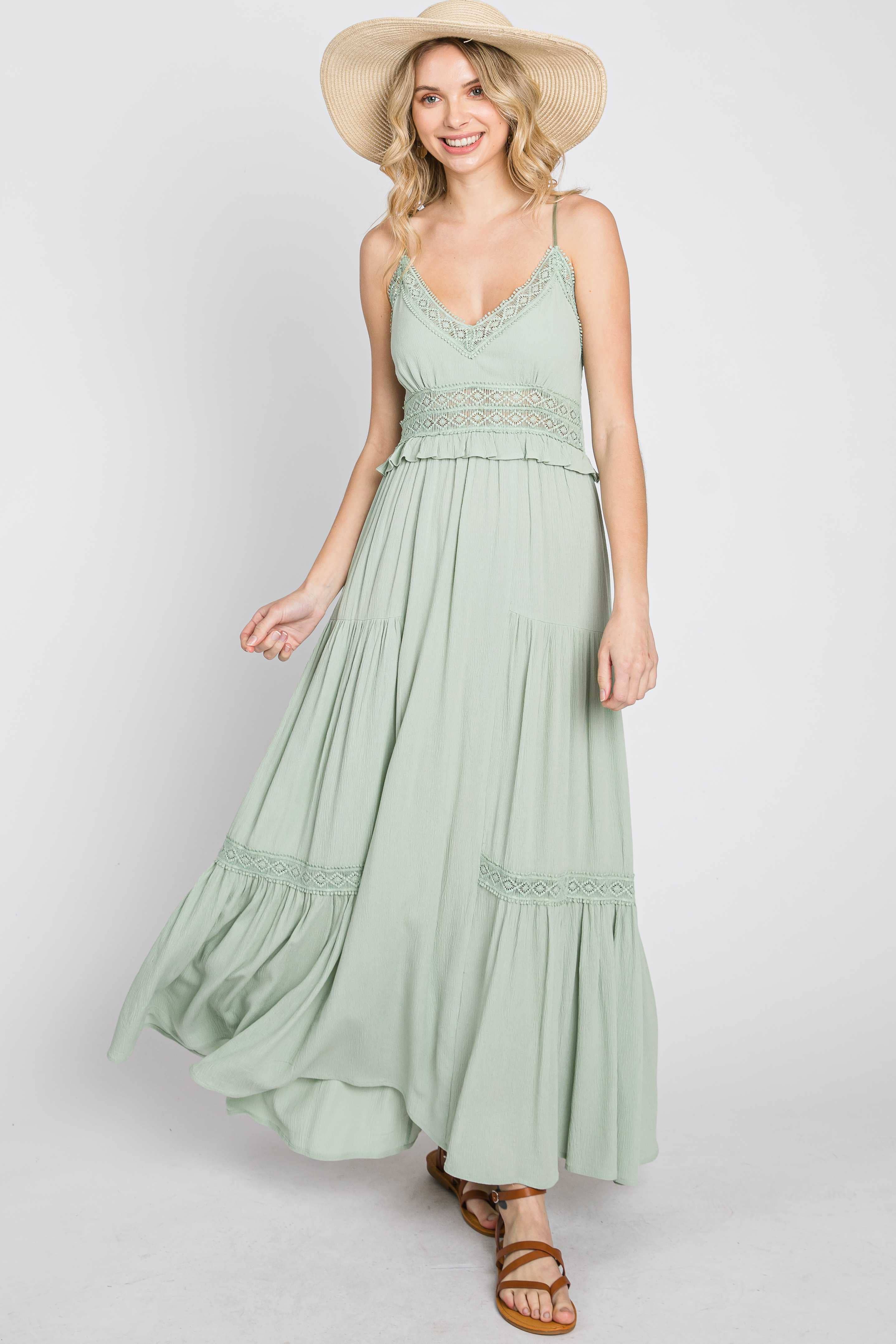Gemma Crochet Trim Frill Maxi Maternity Dress Sage / Medium Gemma Crochet Trim Frill Maxi Maternity Dress Sage / Medium