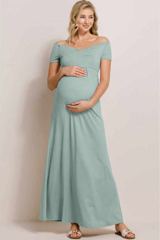 Hello Miz Off Shoulder Surplice Maternity & Nursing Maxi, Sage