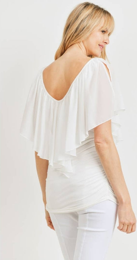 Hello Miz Ruffle Cold Shoulder Scoop Neck Blouse, Ivory