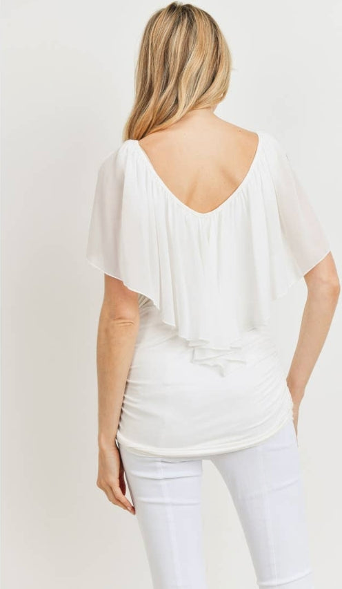 Hello Miz Ruffle Cold Shoulder Scoop Neck Blouse, Ivory