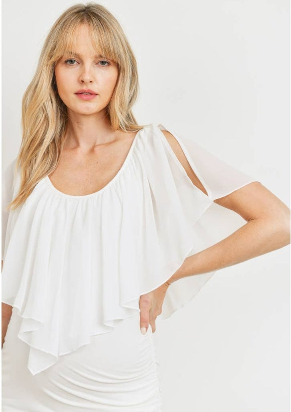 Hello Miz Ruffle Cold Shoulder Scoop Neck Blouse, Ivory
