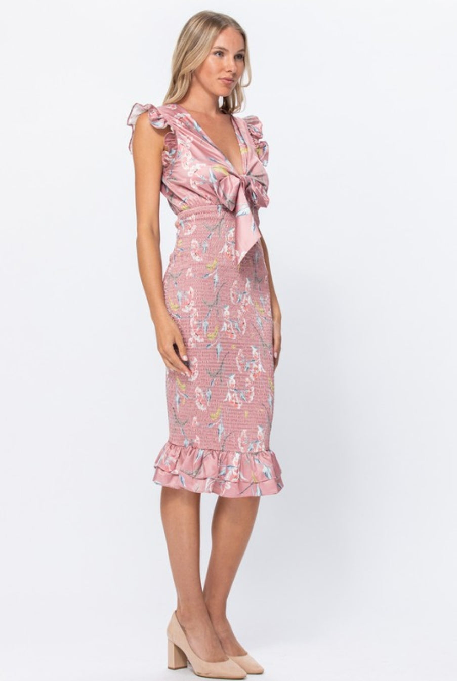 Annika Smocked Bow Front Midi Dress