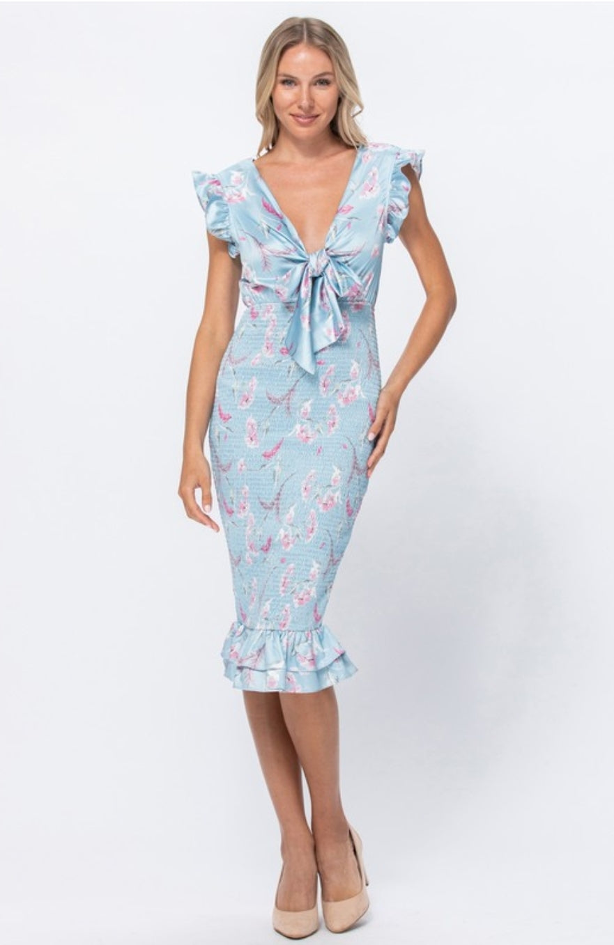 Annika Smocked Bow Front Midi Dress