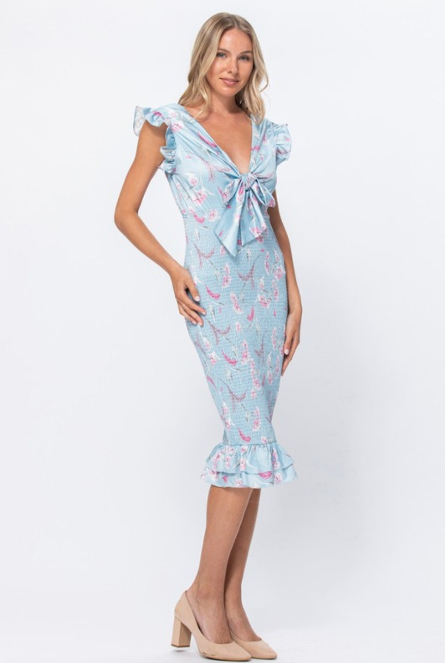 Annika Smocked Bow Front Midi Dress