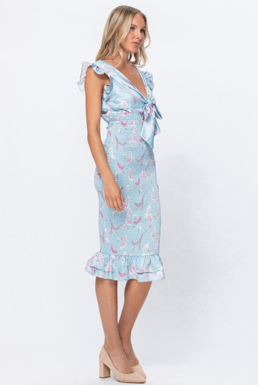 Annika Smocked Bow Front Midi Dress