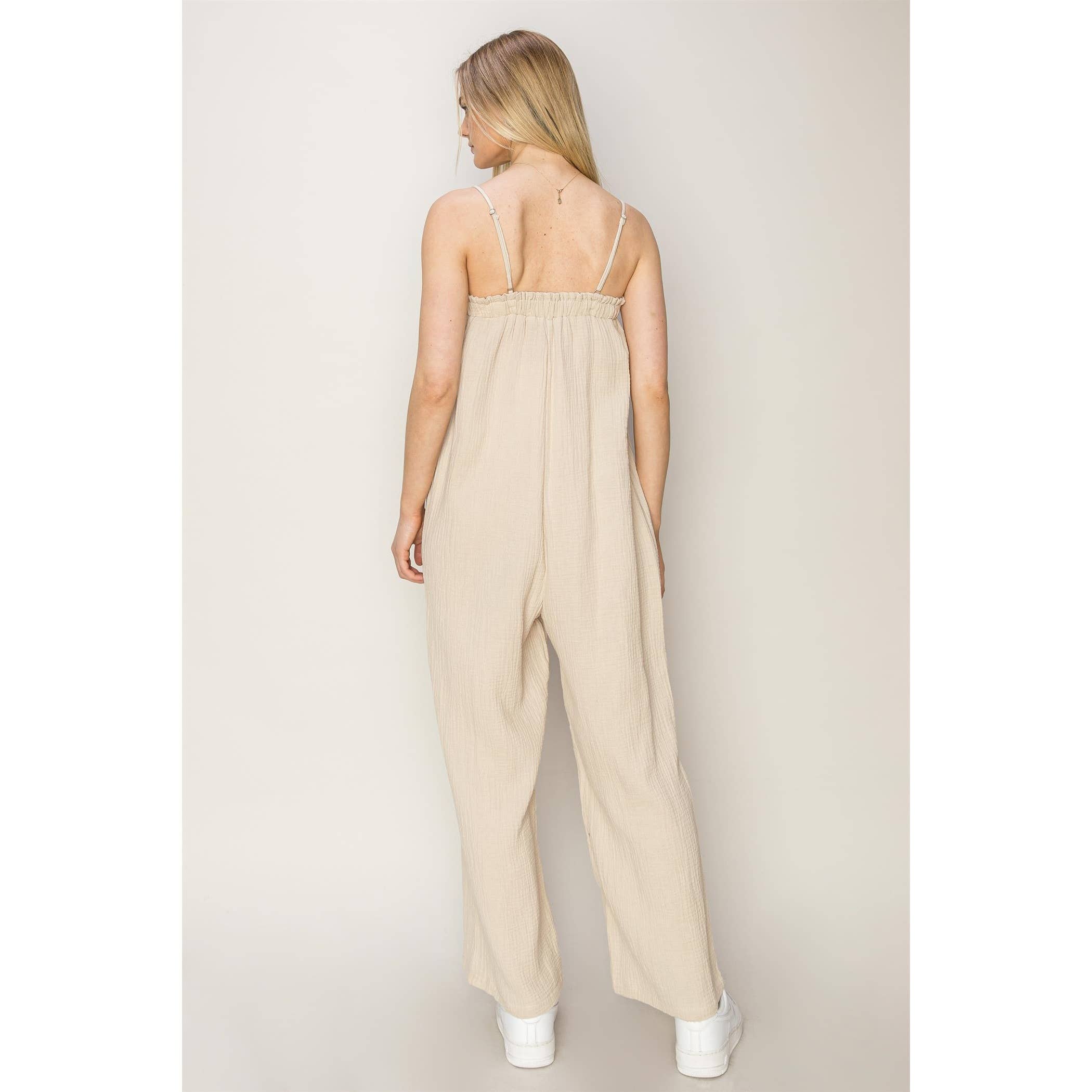 100% Cotton Gauzy Jumpsuit, Beige