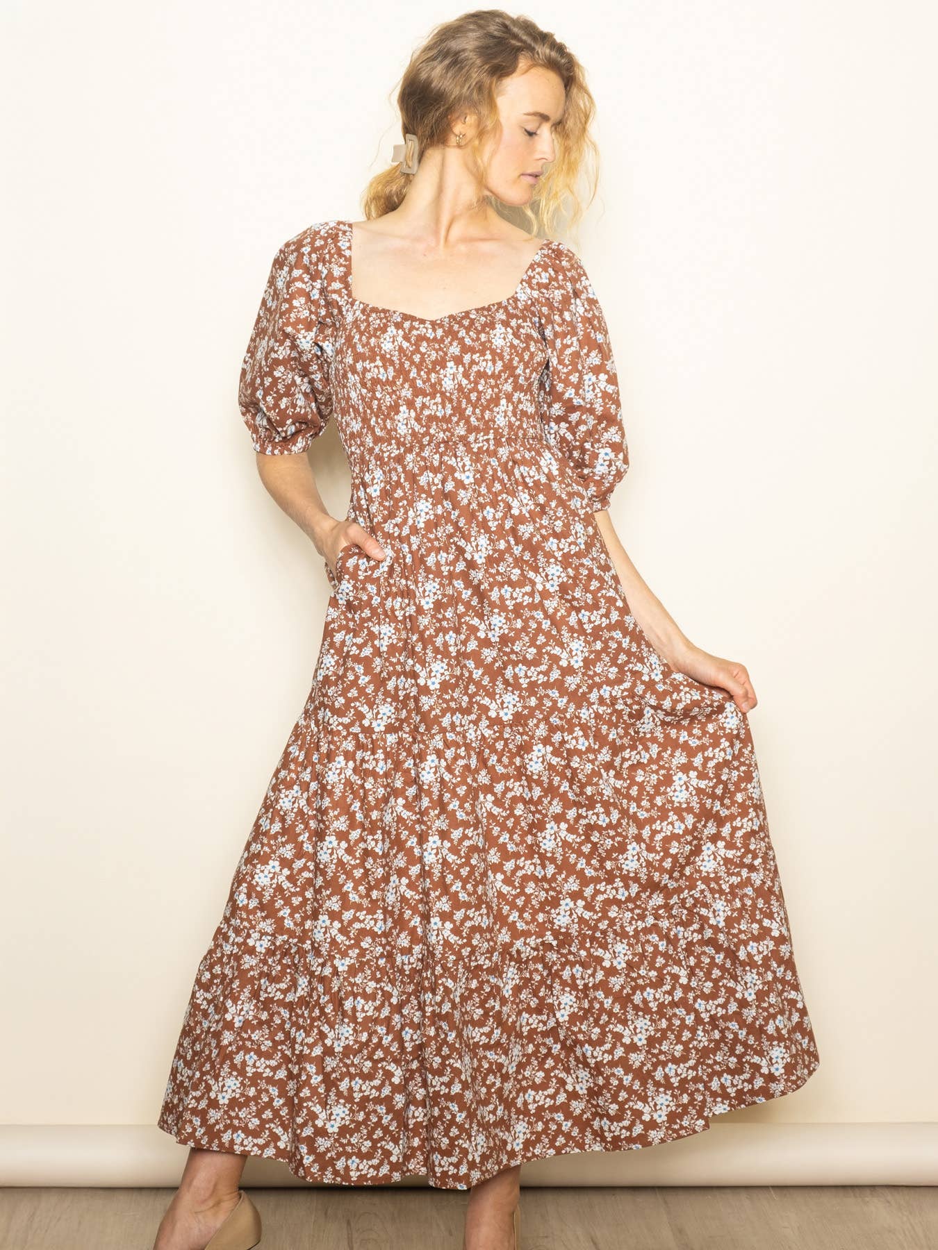 Cotton Sweetheart Smocked Floral Maxi