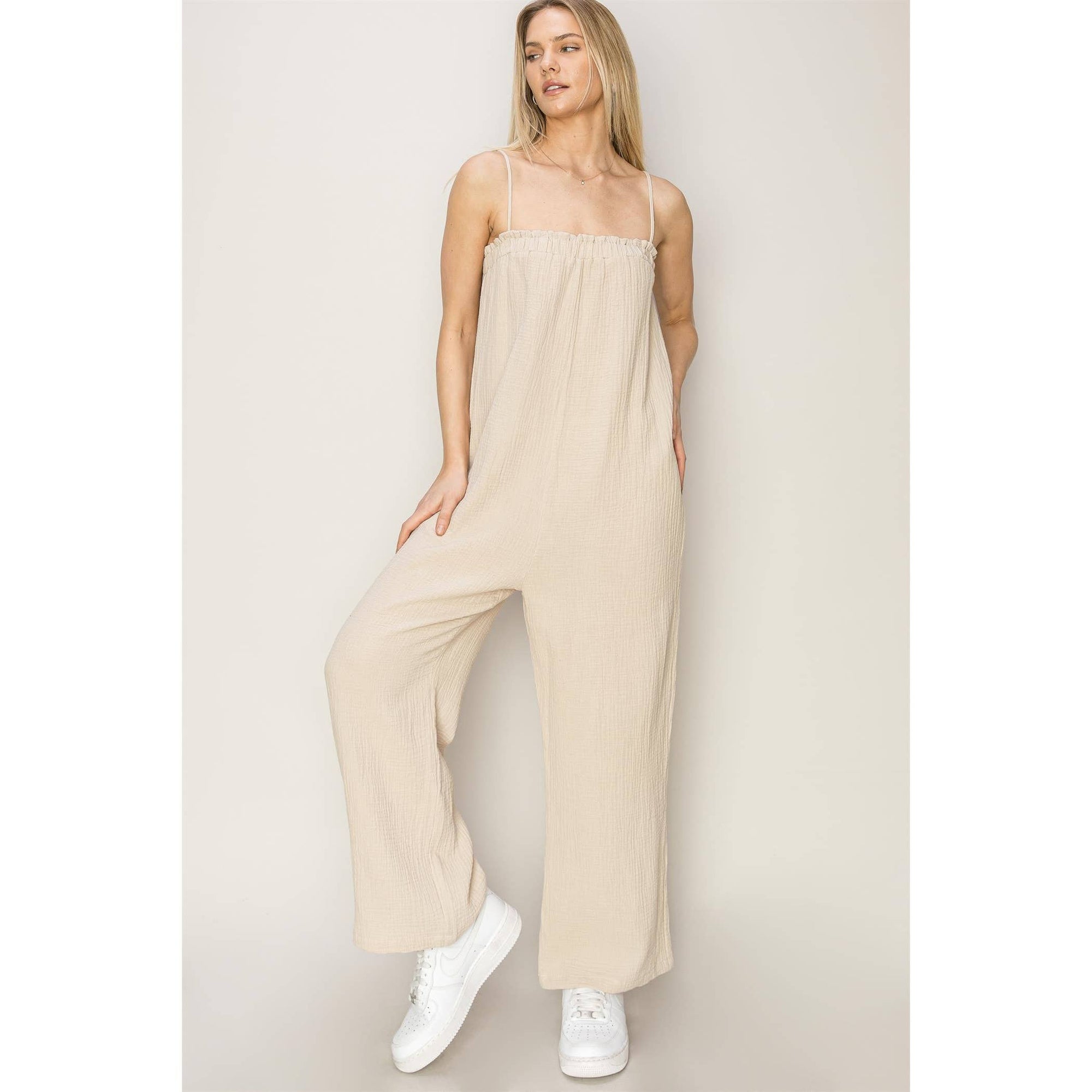 100% Cotton Gauzy Jumpsuit, Beige