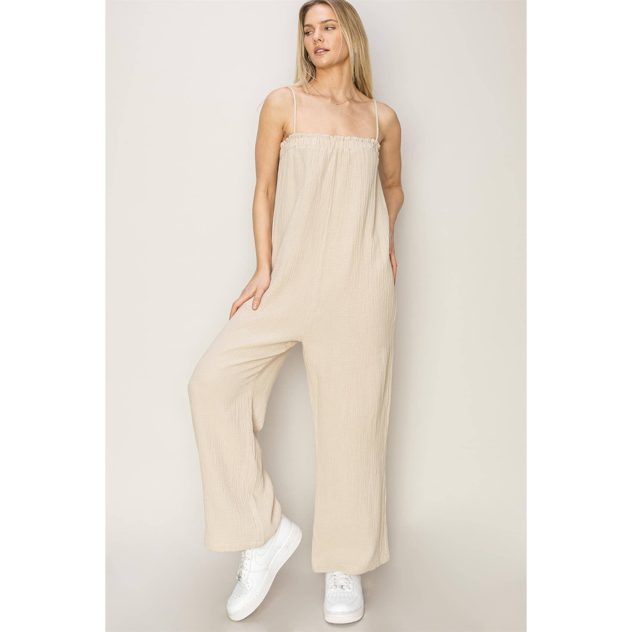 100% Cotton Gauzy Jumpsuit, Beige