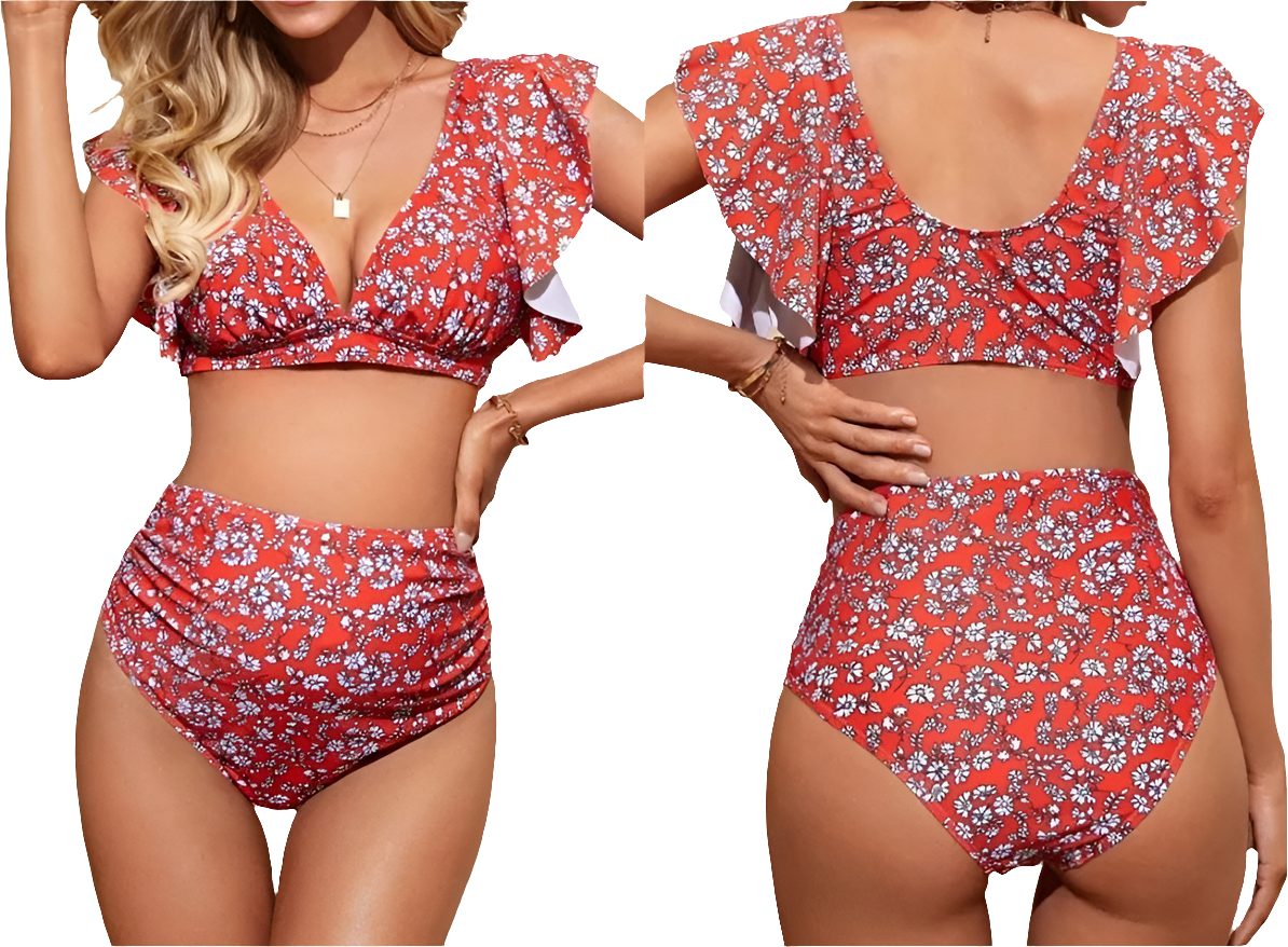 Flutter Sleeve Two-Piece Floral Maternity Swimsuit