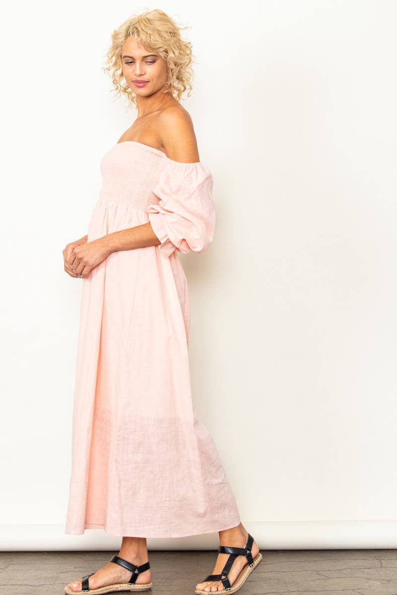 On Off Shoulder Smocked Chest Linen Maxi