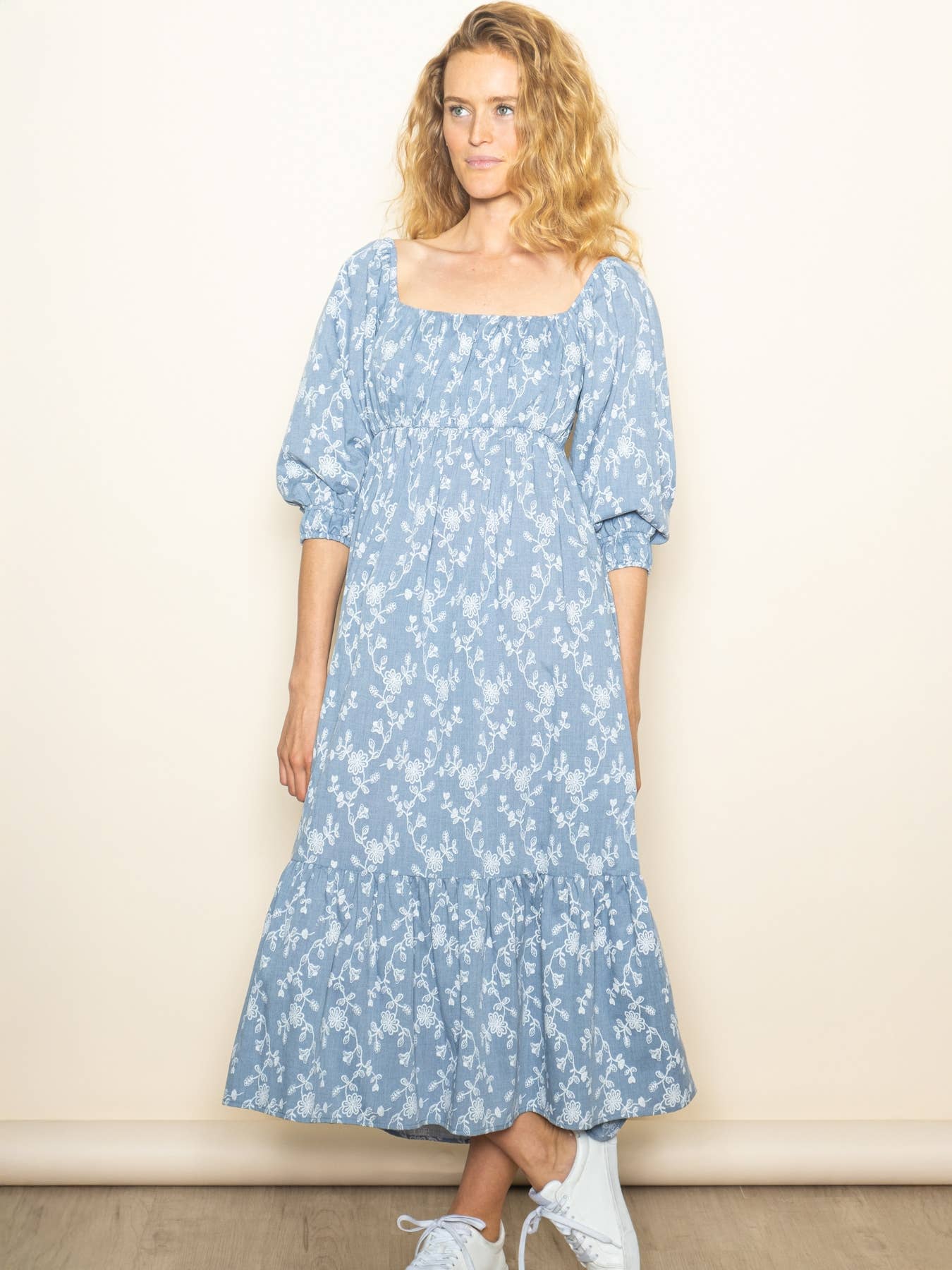 Cotton Ribbon Tie Garden Dress with Pockets, Blue