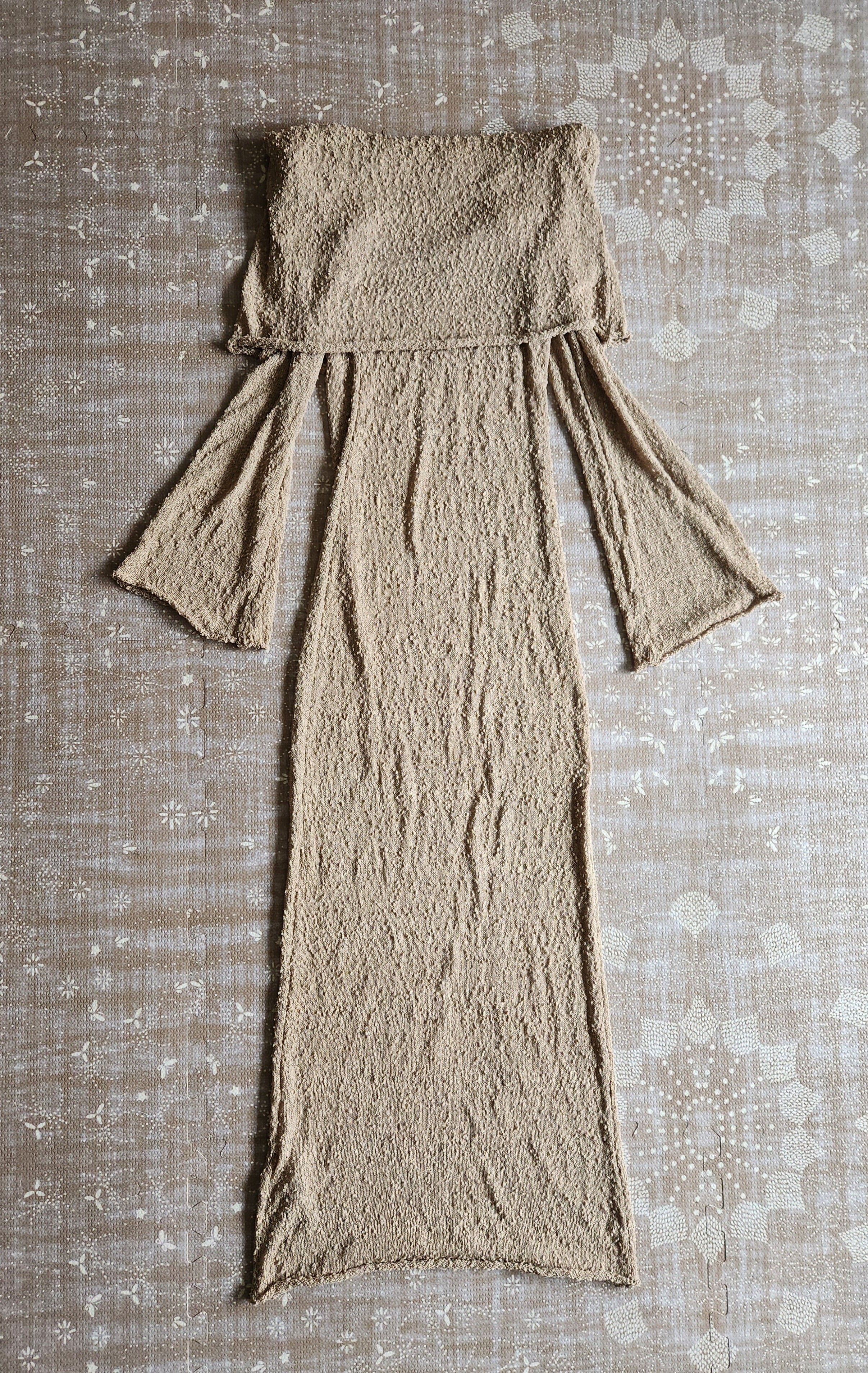Boucle Knit Semi Sheer Bell Sleeve Maternity Gown Tan / Medium Boucle Knit Semi Sheer Bell Sleeve Maternity Gown Tan / Medium