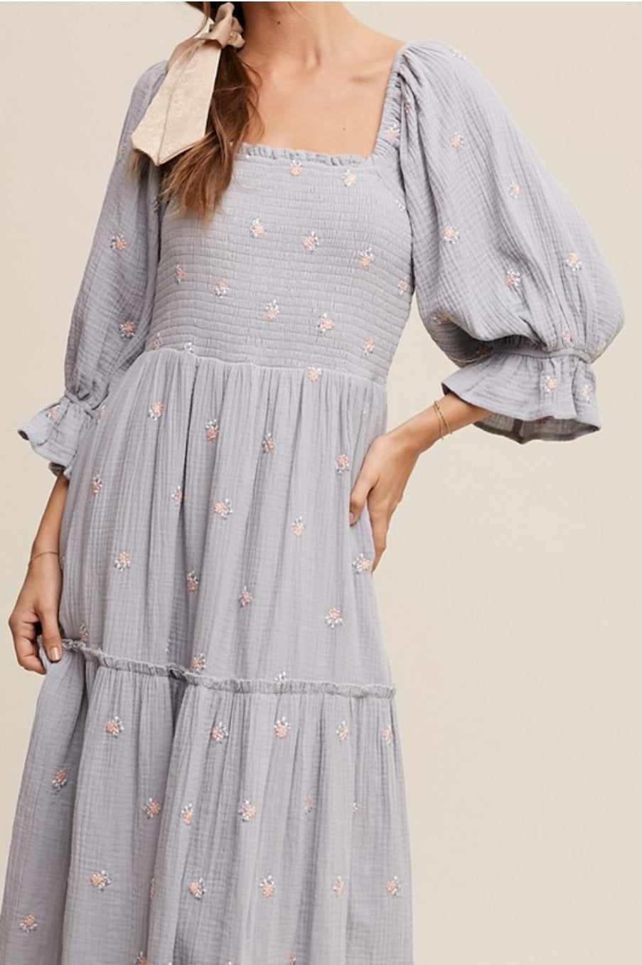 Britta Cotton Embroidered Floral Puff Sleeve Midi Dress