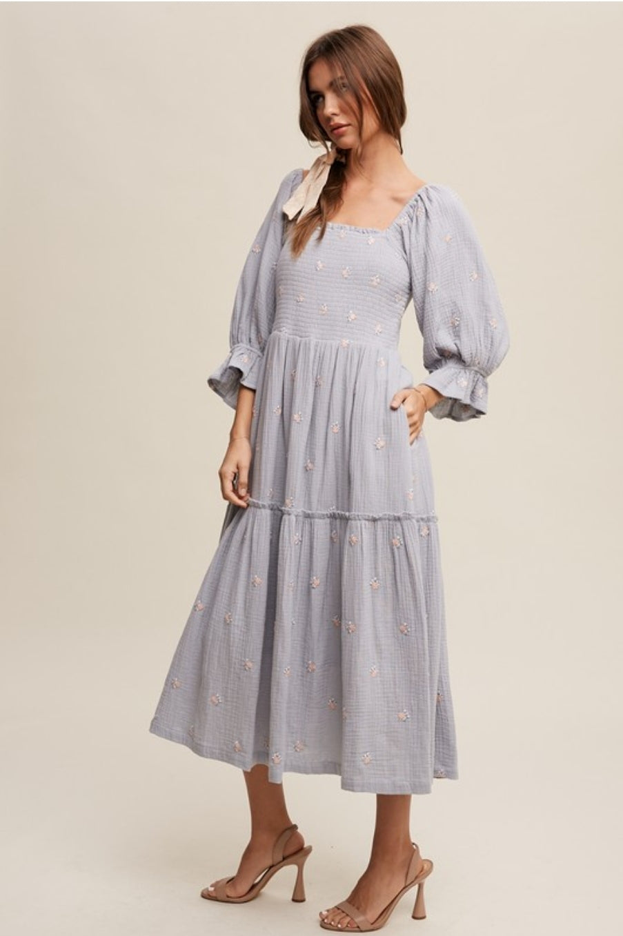 Britta Cotton Embroidered Floral Puff Sleeve Midi Dress