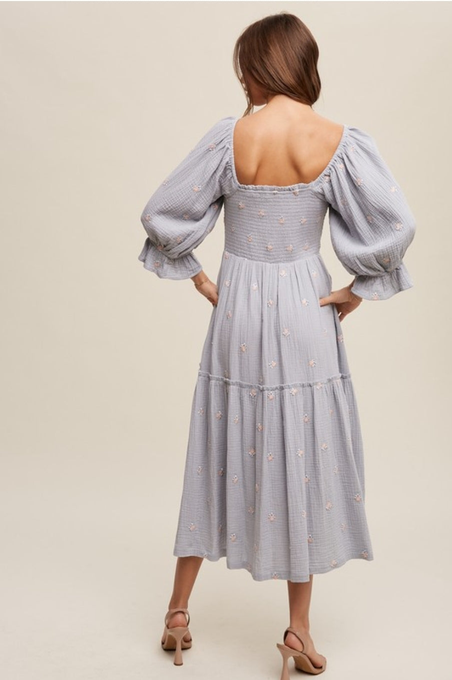 Britta Cotton Embroidered Floral Puff Sleeve Midi Dress