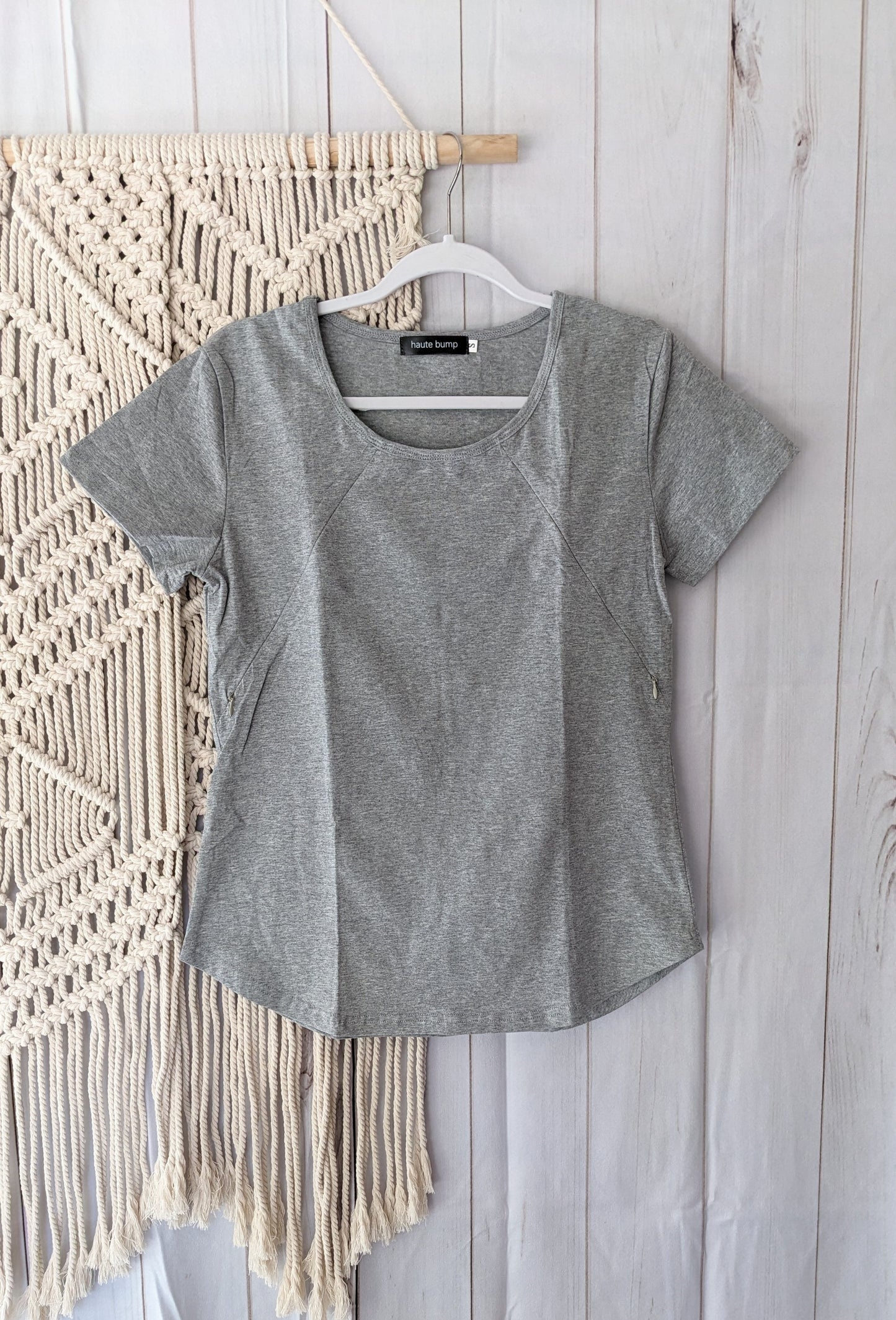 Cotton Stretch Round Hem Hidden Zipper Nursing Tee, Grey