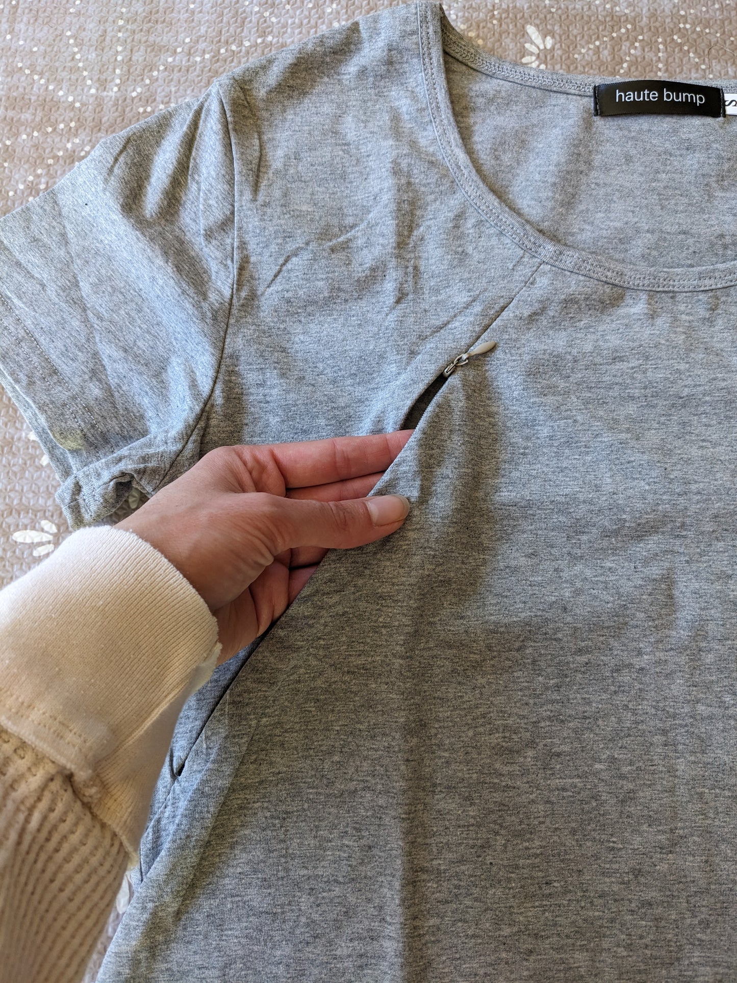 Cotton Stretch Round Hem Hidden Zipper Nursing Tee, Grey