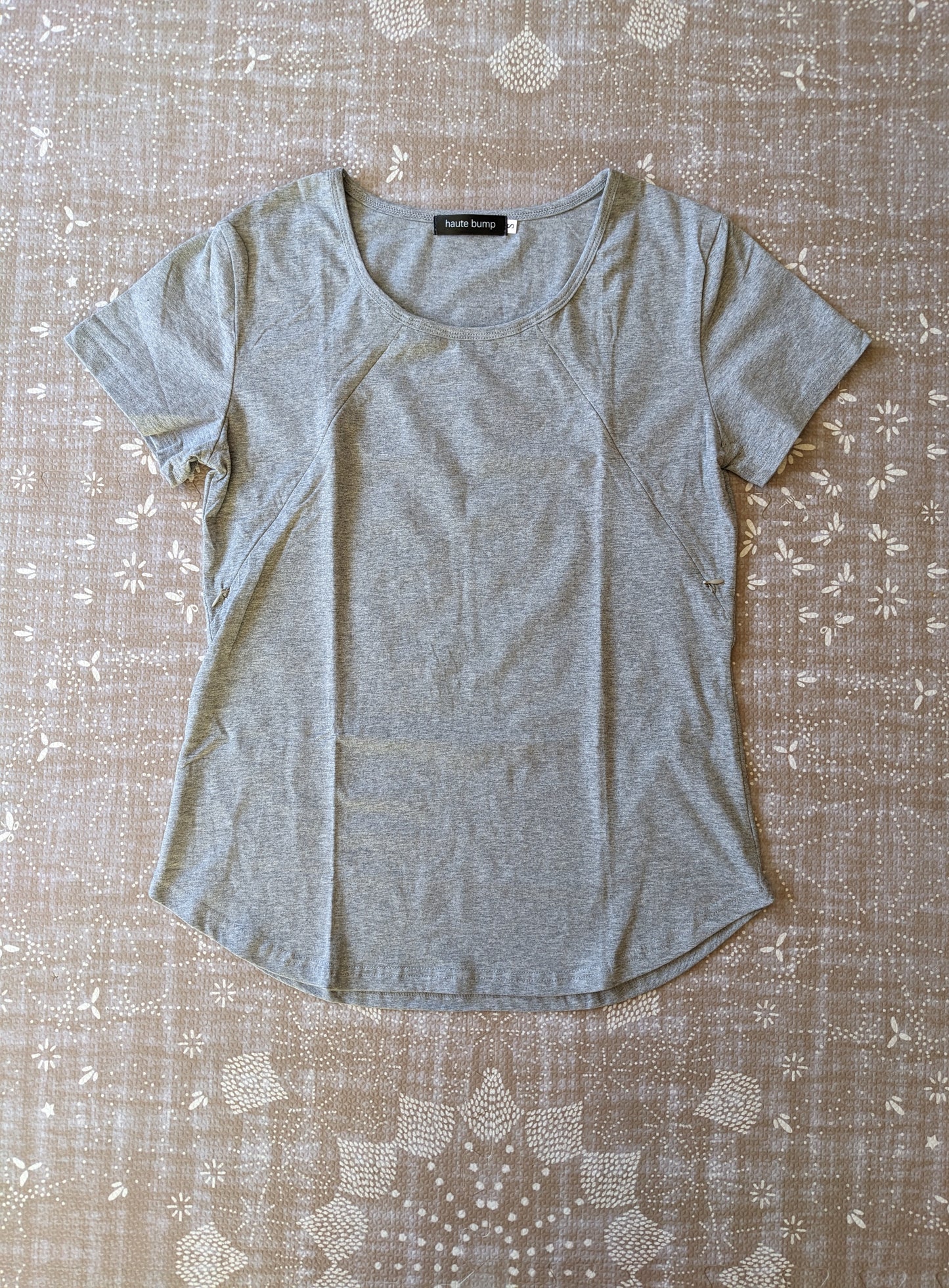 Cotton Stretch Round Hem Hidden Zipper Nursing Tee, Grey