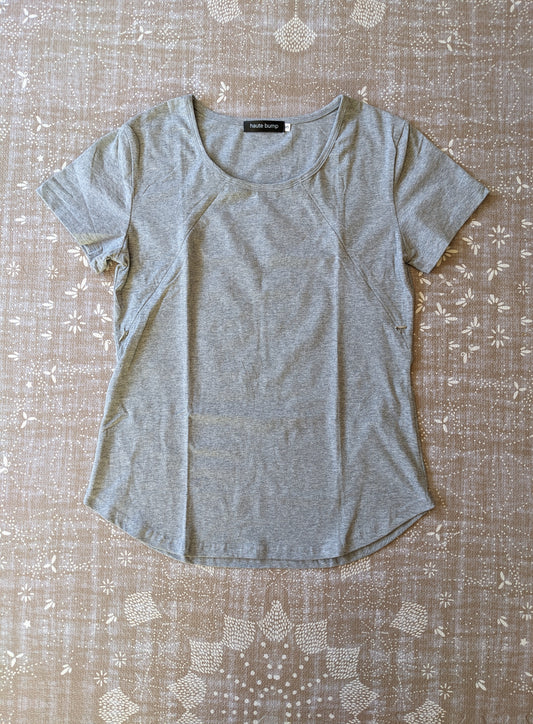 Cotton Stretch Round Hem Hidden Zipper Nursing Tee, Grey