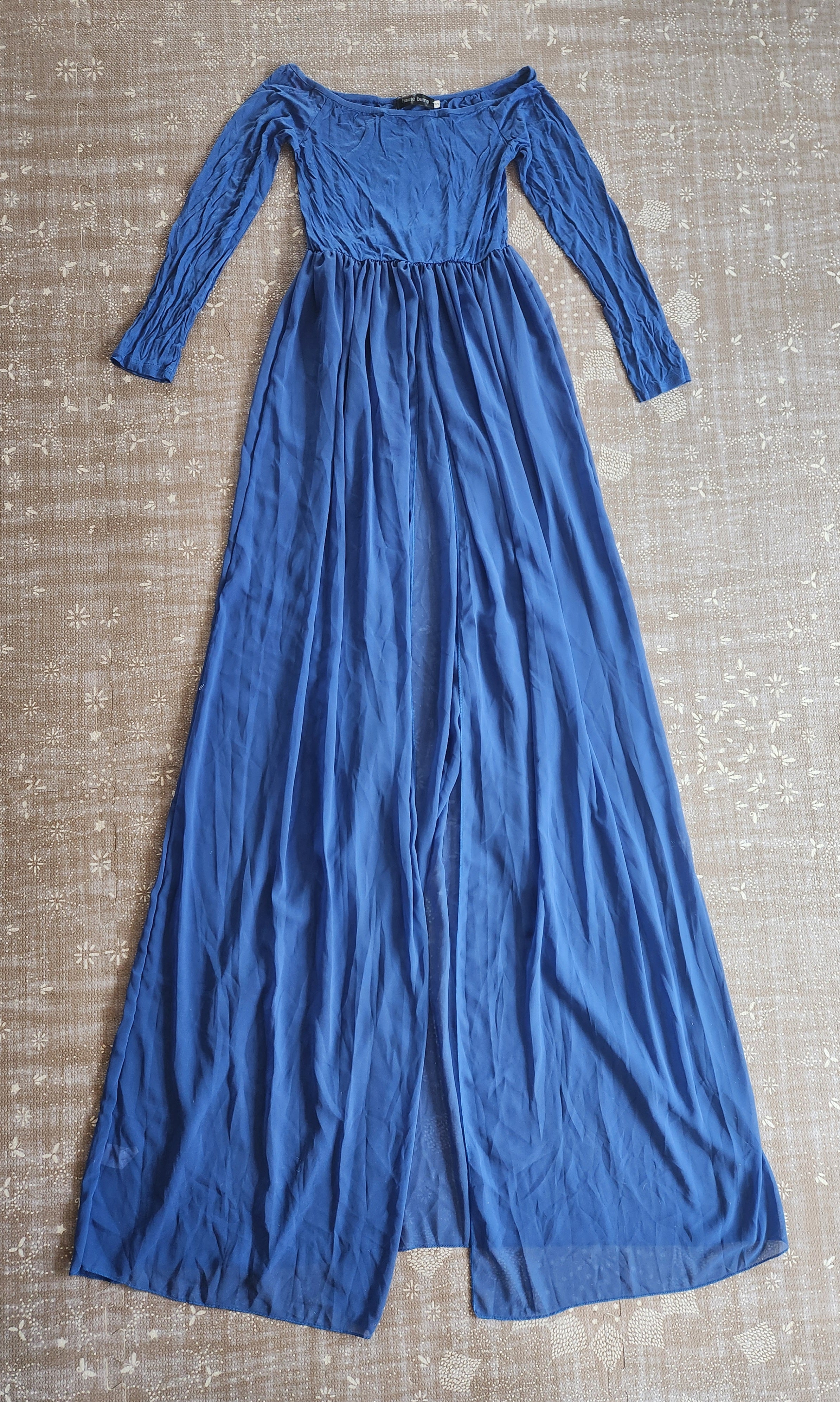 long sleeve gauze maxi dress High Waisted Long Sleeves Gauze Pleated Solid Color Split-Joint Round-Neck Maxi Dresses