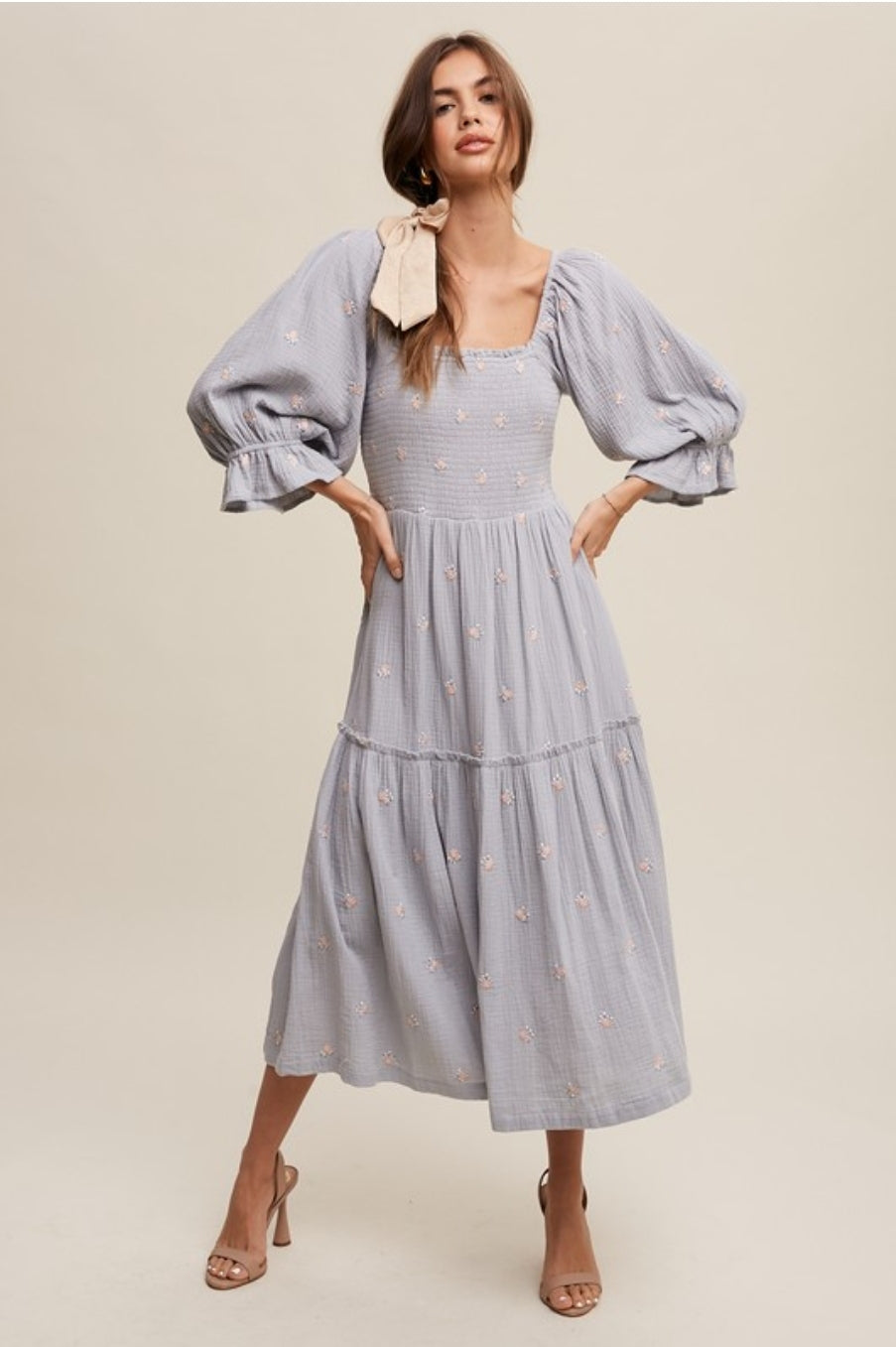 Britta Cotton Embroidered Floral Puff Sleeve Midi Dress